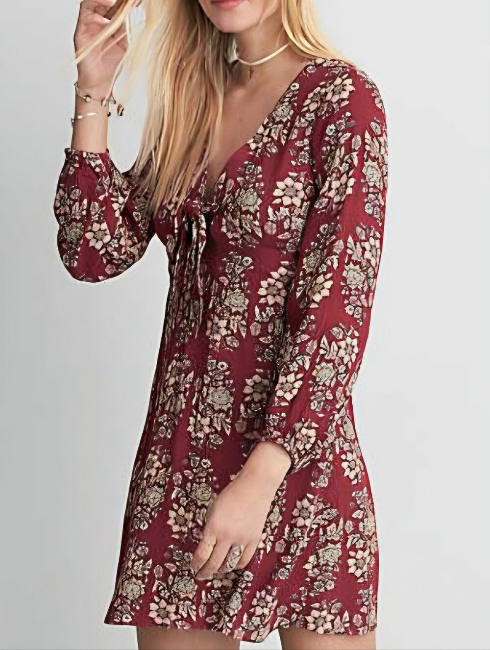 American Eagle Outfitters Red Floral Long-Sleeve Tie-Front Dress